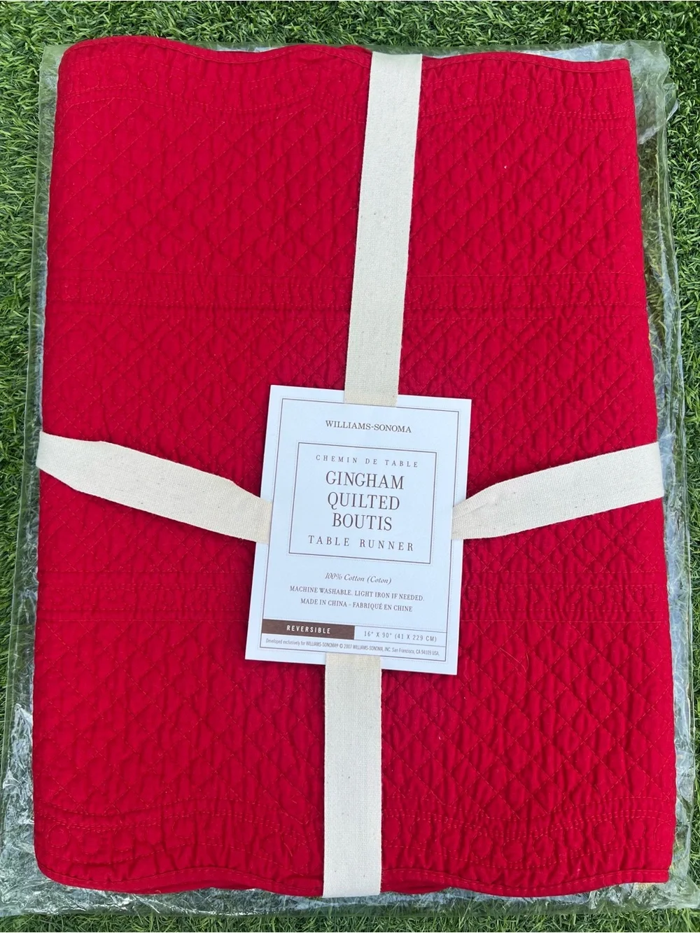 Williams-Sonoma Red Gingham Quilted Boutis Table Runner Reversible 16” x 90” NWT